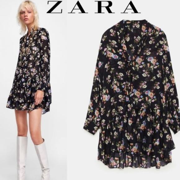 Zara Black Multicolor Floral Chiffon Sheer Long Sleeve Ruffle Tunic Dress XS - Picture 3 of 10